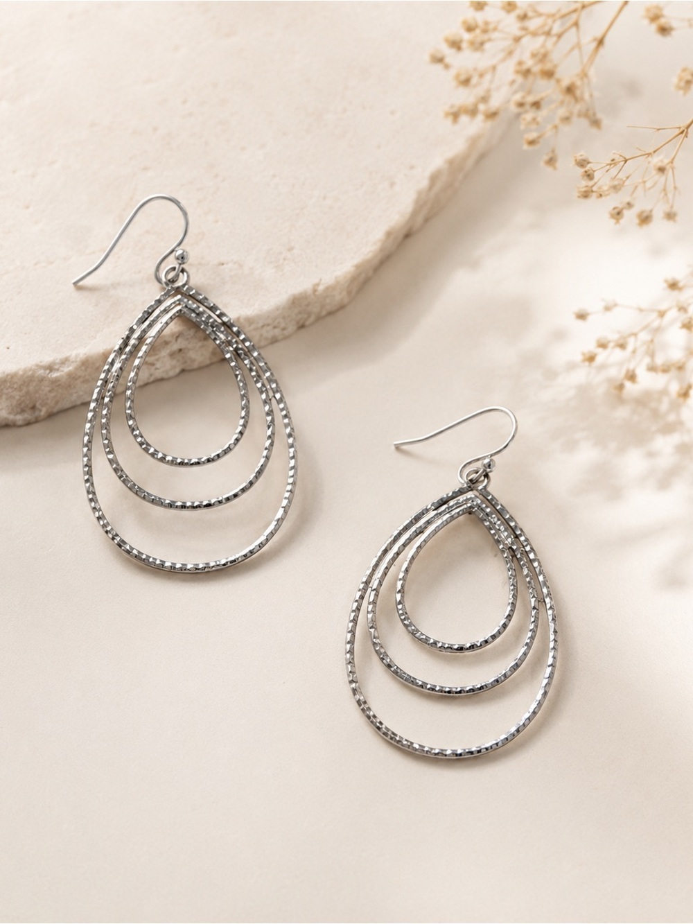 Boutique Sliver Tone Double Tear Drop Textured Drop Earrings